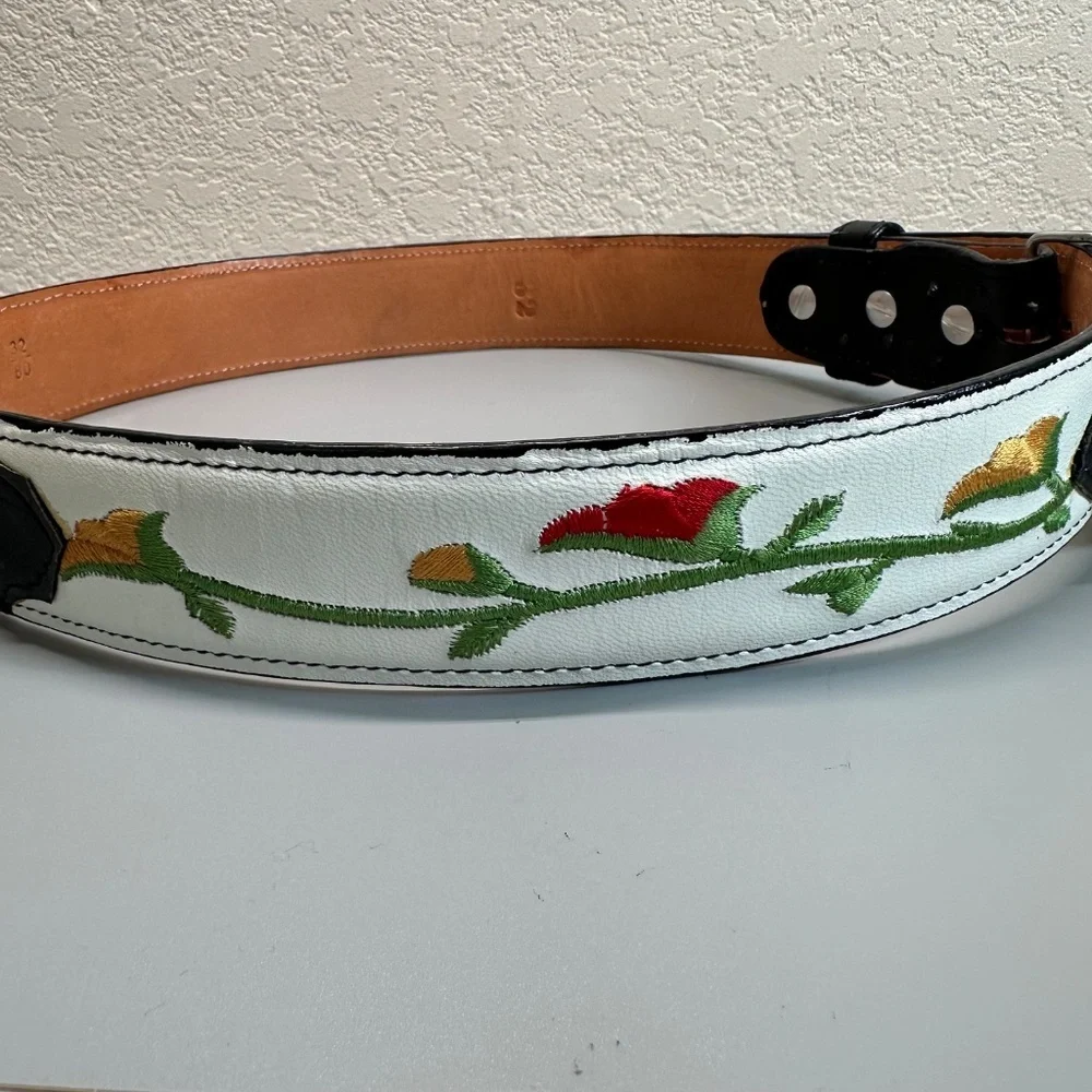Rodeo Belt White Black Embroidered Flowers Genuine Leather Women's Size US 8 37